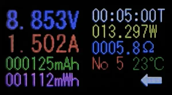 Nothing Phone 3a Liteの出力制限テスト。8.8V / 1.5A、約13.2Wまで電力が調整された際の実測値。