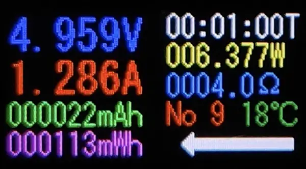 Nothing Phone 3a LiteでPOCO M7 Pro 5Gを充電。4.9V / 1.2Aで6.3Wの出力を記録したUSBテスター表示。