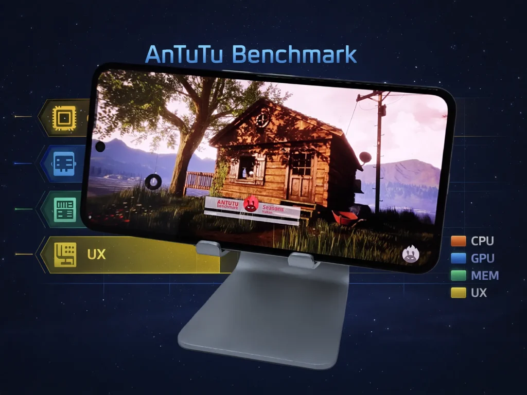Nothing Phone (3a) LiteでAnTuTu Benchmarkを実行している様子。CPU、GPU、MEM、UXの各項目を検証する実機イメージ。