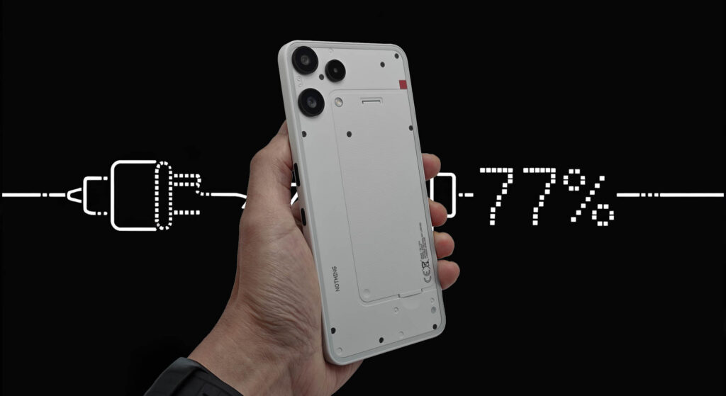 Nothing Phone 3a Lite (A001T) の背面。0-77%の充電推移を示す検証用グラフィックイメージ。