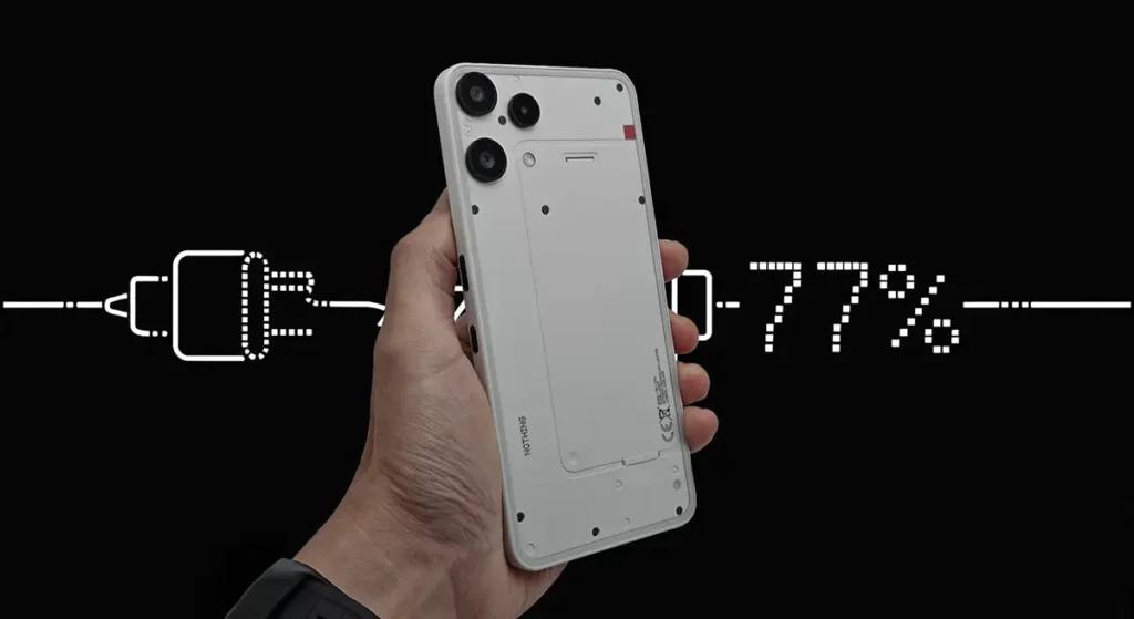 Nothing Phone 3a Lite (A001T) の背面。0-77%の充電推移を示す検証用グラフィックイメージ。