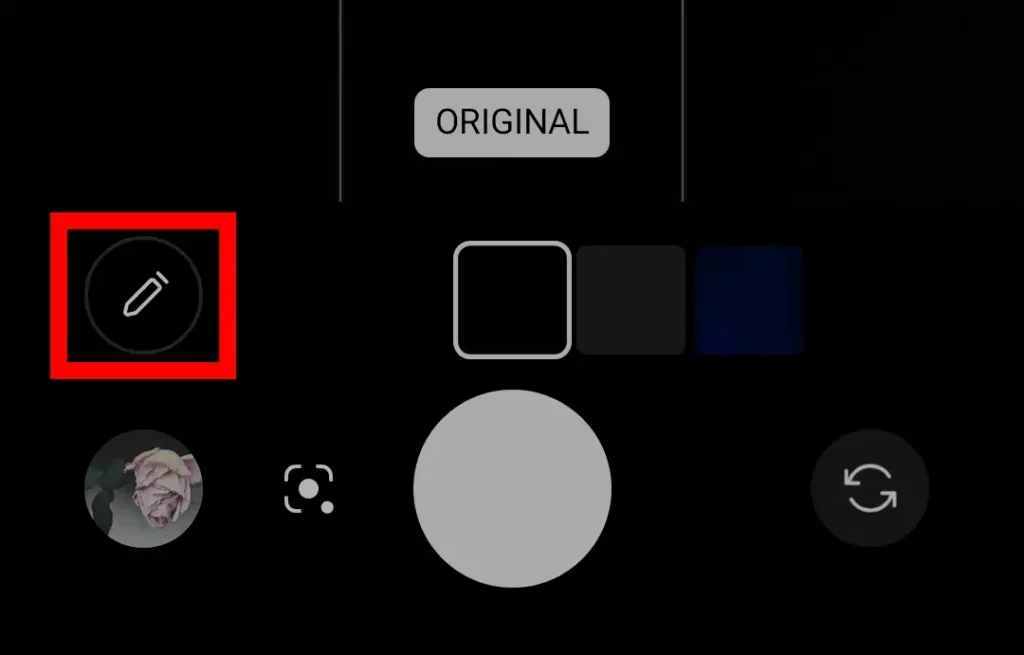 Nothing Phone (3a) Liteのカメラ撮影画面。フィルタ編集を開くペン形アイコンの位置を示した画面