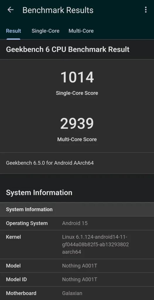 Nothing Phone 3a Lite (A001T) の Geekbench 6 実測結果。シングルコア 1014、マルチコア 2939 を記録。