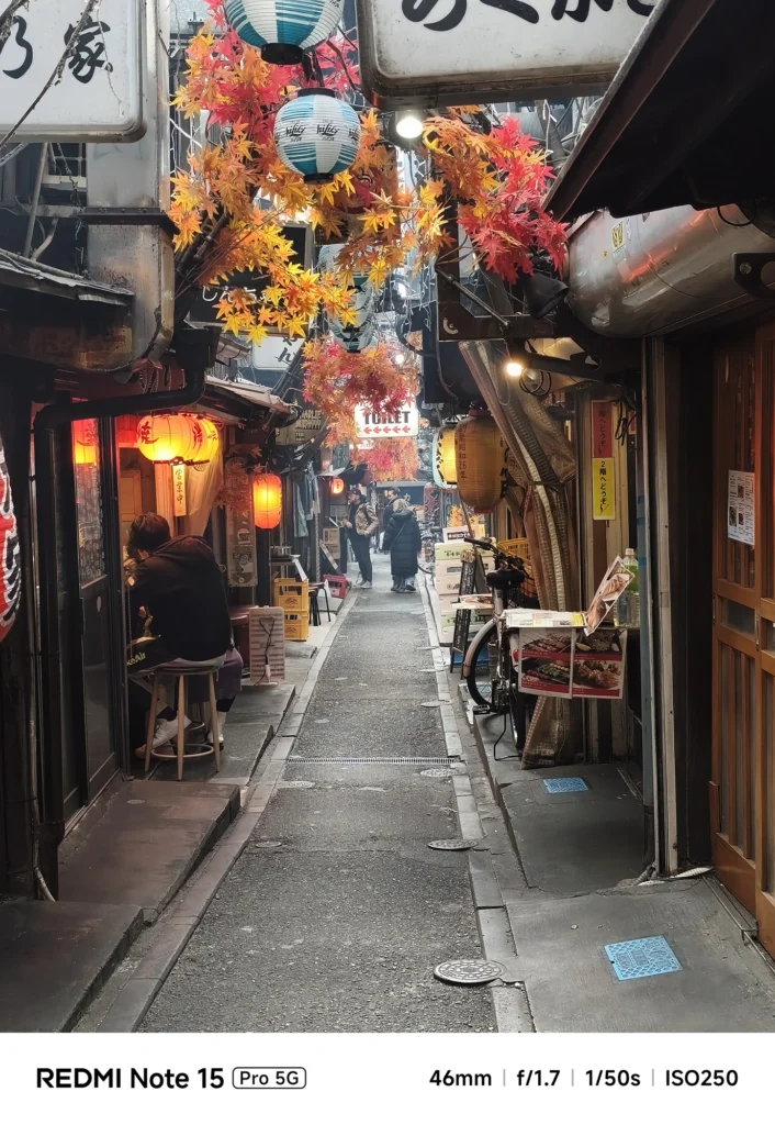Redmi Note 15 Pro 5G 46mm相当での新宿・思い出横丁スナップ。提灯の明かりと紅葉、路地の奥行きを感じさせるボケ味。