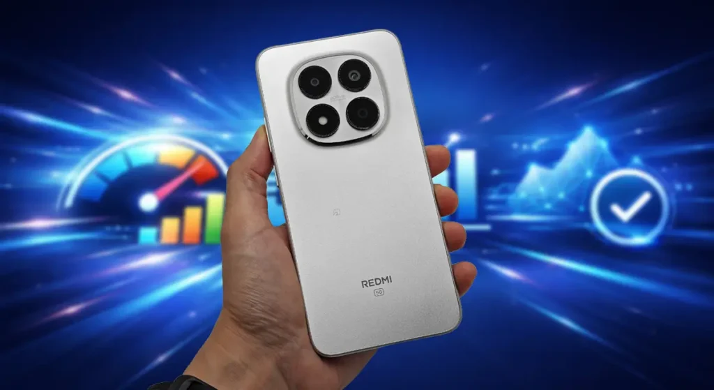 Redmi Note 15 Pro 5GのAnTuTuベンチマーク実測性能レビュー。シルバーの背面デザインと大型カメラユニットを強調したイメージ画像。