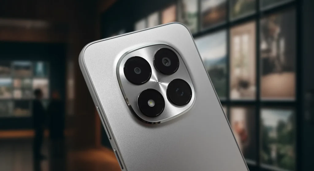 高級感のあるシルバーカラーのRedmi Note 15 Pro 5G本体。2億画素メインセンサーを含む大型カメラモジュールが目立つ斜めからのアングル。