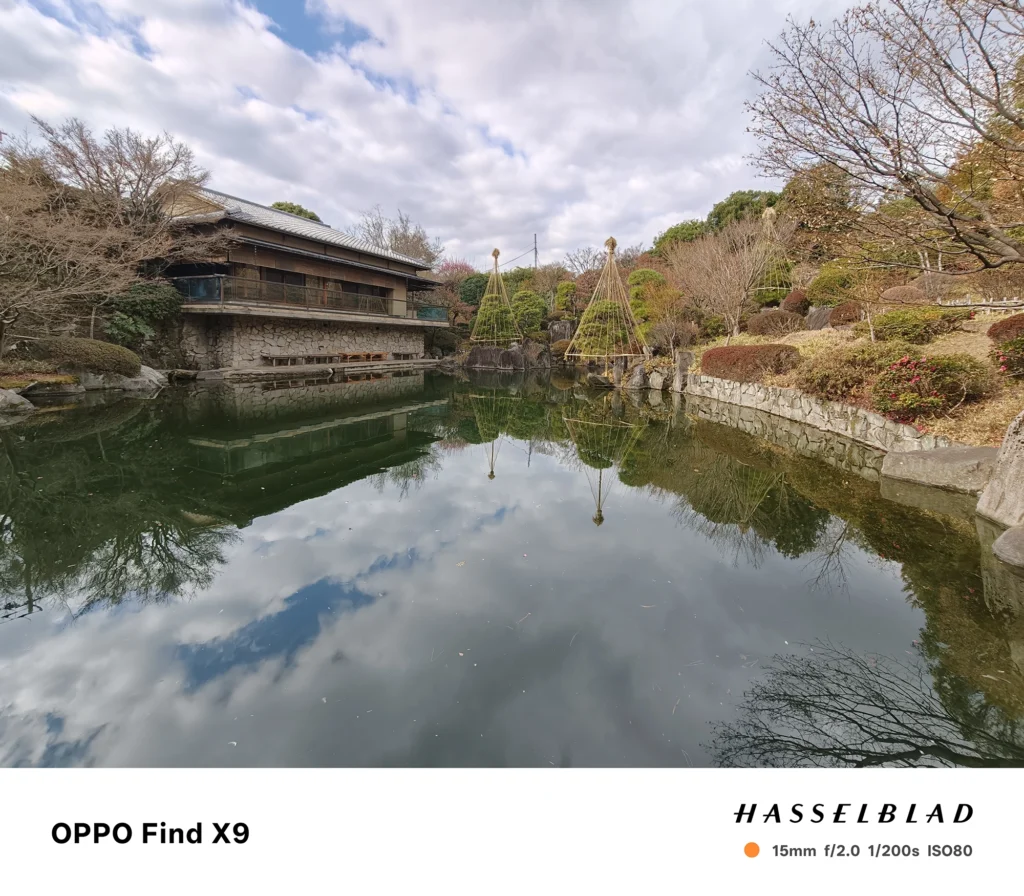 端末名：Find X9／カメラ：超広角／焦点距離：15mm相当／内容：池に空が映り込む日本庭園を広く捉え、石垣と建物、冬木立と雲の階調が見える昼間の風景