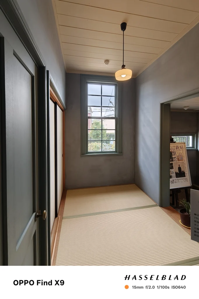 端末名：Find X9／カメラ：超広角／焦点距離：15mm相当／内容：畳のある室内を奥行き方向に広角で写し、窓と照明、壁面のグラデーションが見える昼間の室内風景