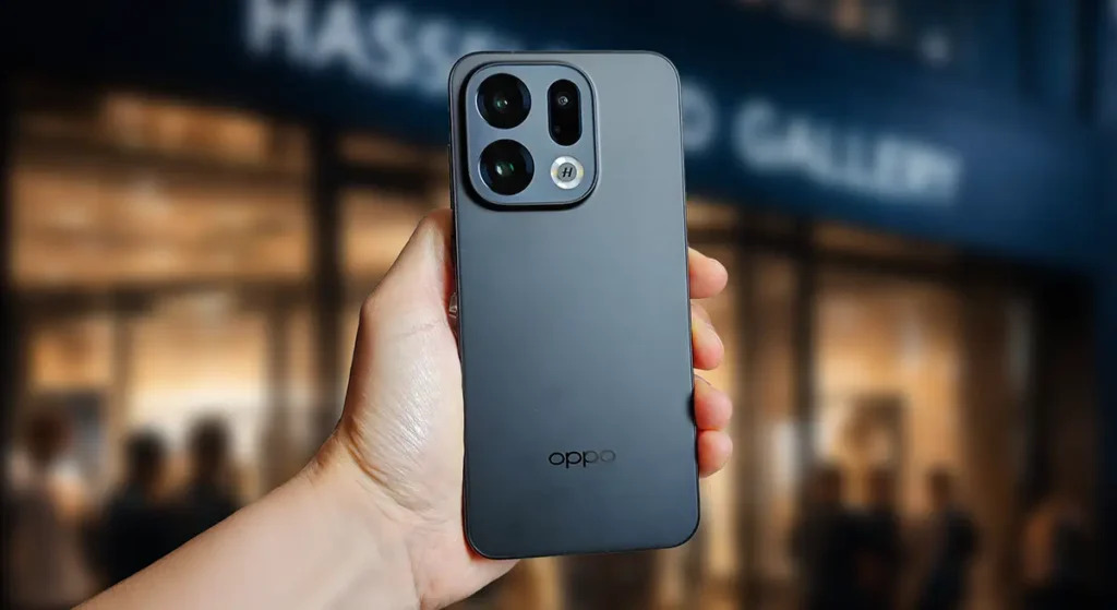 OPPO Find X9の背面デザイン。マットな質感のブラックボディに、象徴的な「H」ロゴ（Hasselblad）が刻まれた大型の3眼カメラシステムが際立つ。夜の街をバックにした高級感のある外観。