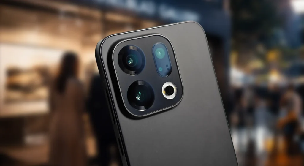 OPPO Find X9の3眼カメラシステムの接写。超広角、メイン、望遠の各レンズが精密に配置されており、高い光学性能を予感させる重厚なレンズの質感を強調している。