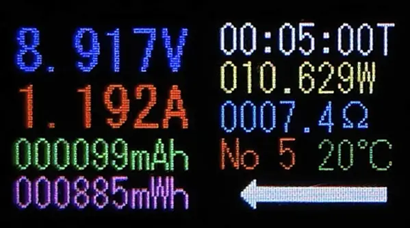 USB電力テスター表示：8.917V・1.192A・10.629W（Find X9充電／5分時点／20℃）