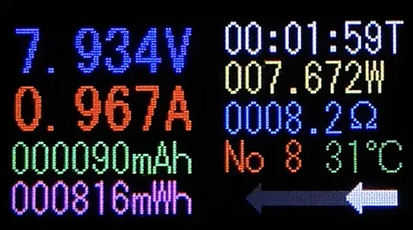 USB電力テスター表示：7.934V・0.967A・7.672W（充電条件変化時の電力測定）