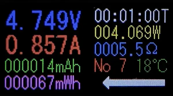 USB電力テスター表示：4.749V・0.857A・4.069W（Find X9とスマホ接続時の給電出力テスト／1分時点）