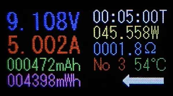 USB電力テスター表示：9.108V・5.002A・45.558W（Find X9急速充電／5分時点／54℃）