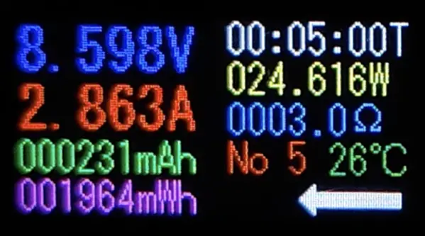 USB電力テスター表示：8.598V・2.863A・24.616W（Find X9充電／5分時点／26℃）