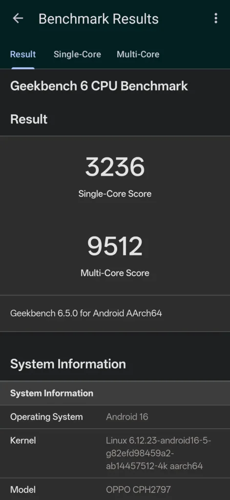 Geekbench 6 結果（3236/9512）
Geekbench 6 CPU実測：OPPO Find X9 シングル3236・マルチ9512（Android 16）