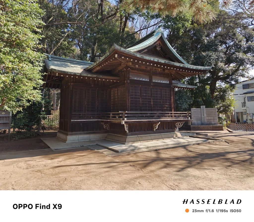 端末名：OPPO Find X9／カメラ：メイン（広角）／焦点距離：23mm相当／内容：木造の社殿と銅色の屋根を正面から広く収め、周囲の樹木と日向の境界が出る昼間の神社境内