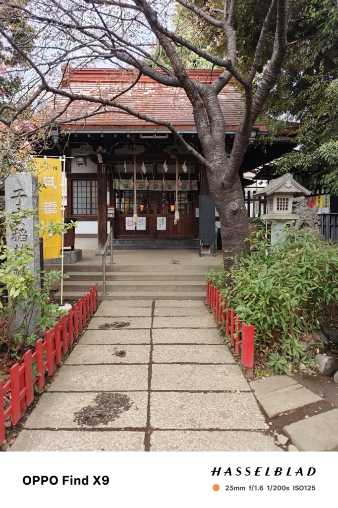 端末名：OPPO Find X9／カメラ：メイン（広角）／焦点距離：23mm相当／内容：石畳の参道の奥に社殿があり、左右の赤い柵と石灯籠、黄色の幕が並ぶ昼間の神社入口