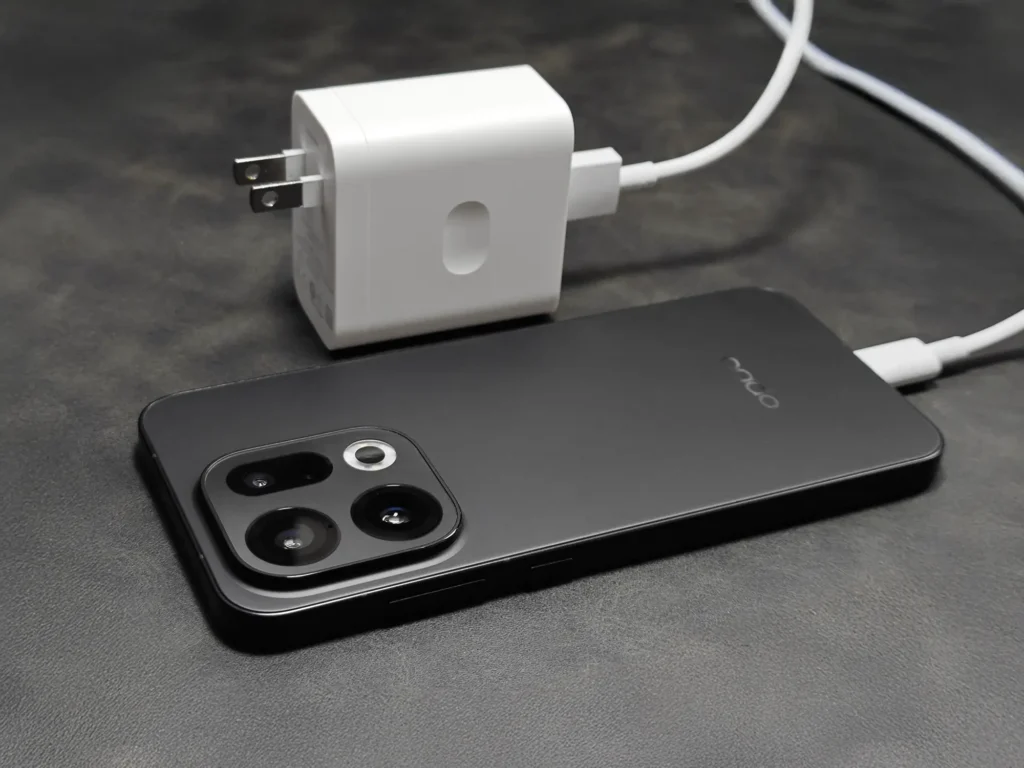 OPPO SUPERVOOC 90Wシングルポート充電器でOPPO Find X9を有線充電している様子（充電テストの接続環境）