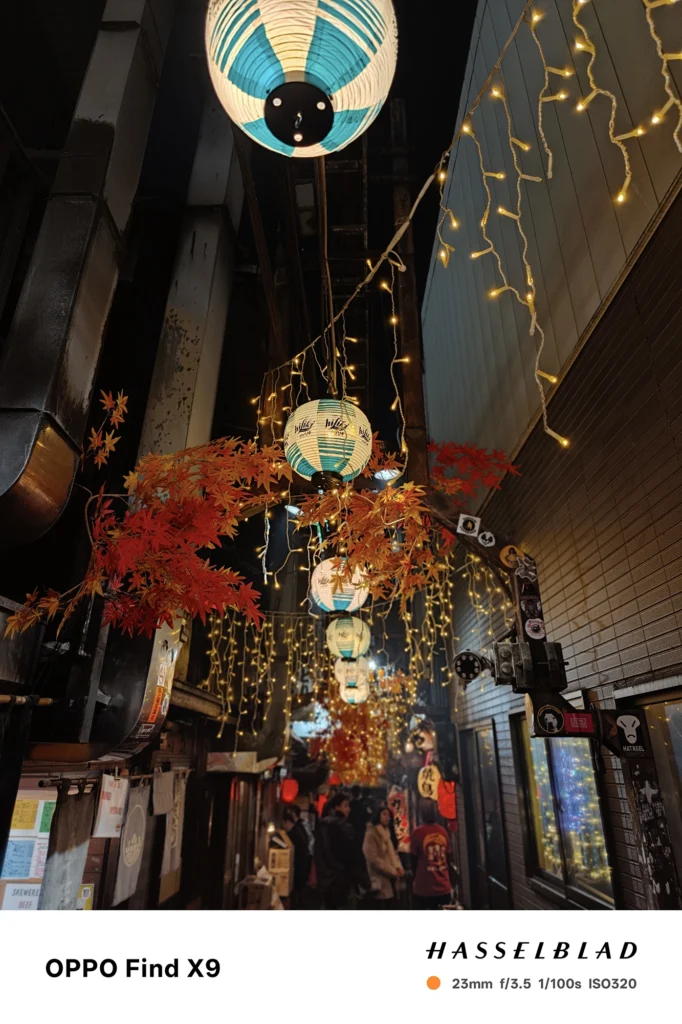 端末名：Find X9／カメラ：メイン（広角）ポートレート／焦点距離：23mm相当／内容：提灯とイルミネーションが続く路地を背景ボケで描き、光の粒感を強調した夜景ポートレート風のカット