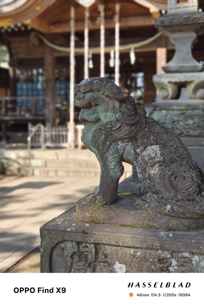 神社の狛犬を48mmポートレートで撮影した作例（OPPO Find X9）。背景の社殿を大きくぼかし石材の質感を描写。