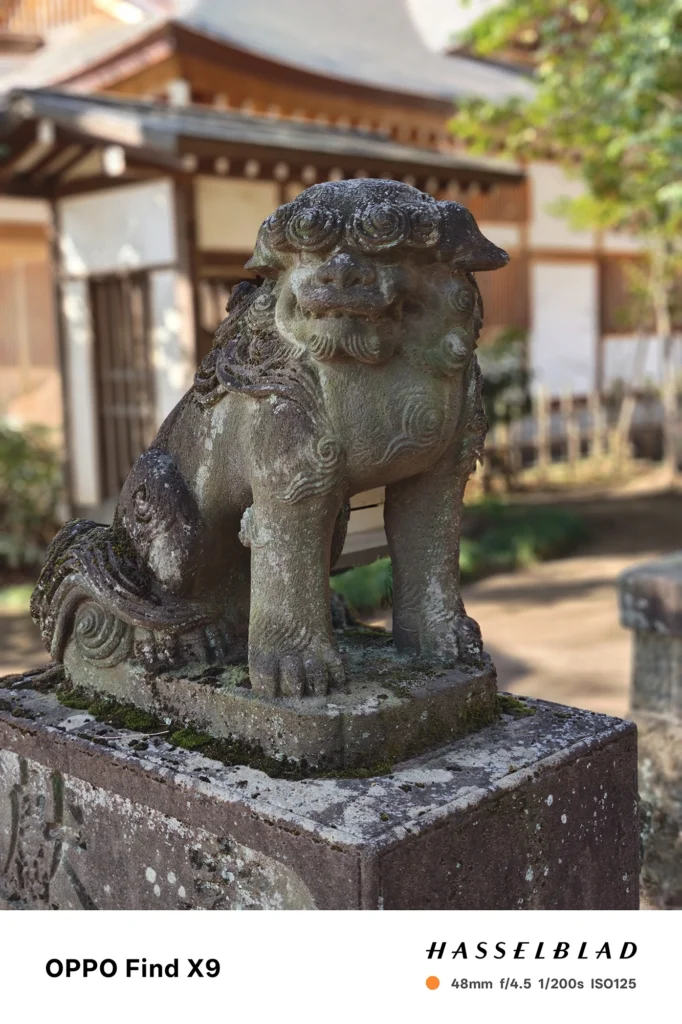 狛犬の正面を48mmポートレートで撮影（OPPO Find X9）。柔らかな背景ボケで立体感を強調。