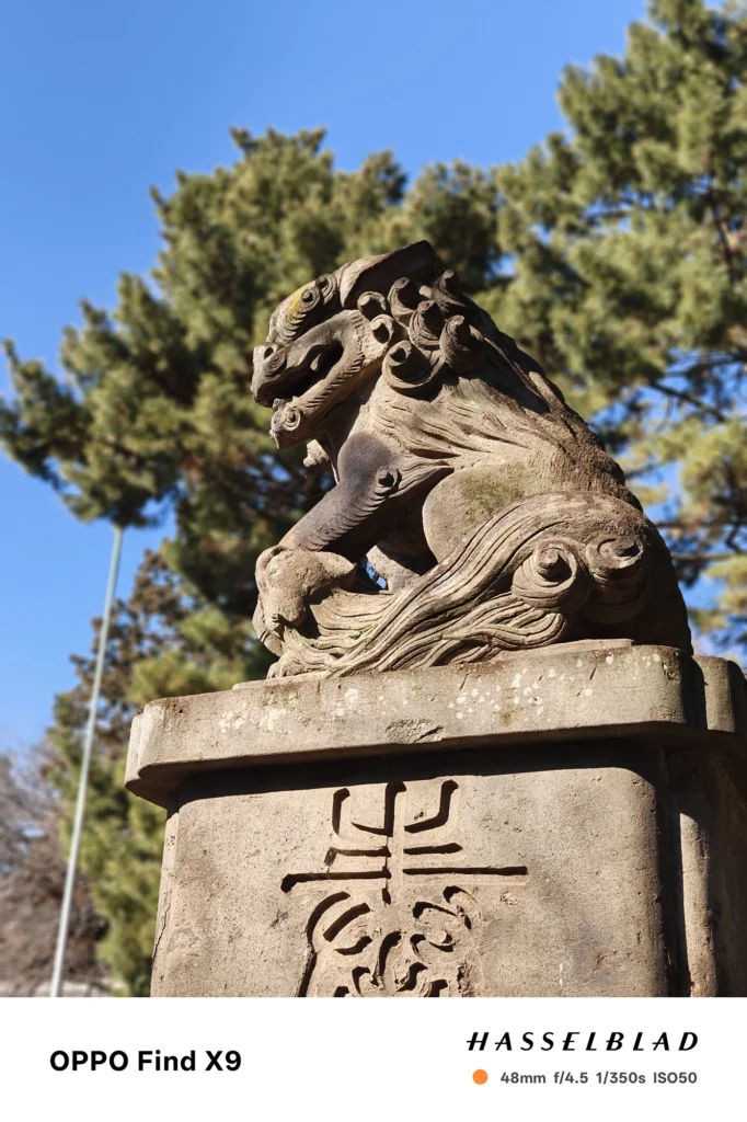 青空背景の狛犬を48mmポートレートで撮影（OPPO Find X9）。石の彫りと陰影をくっきり表現。