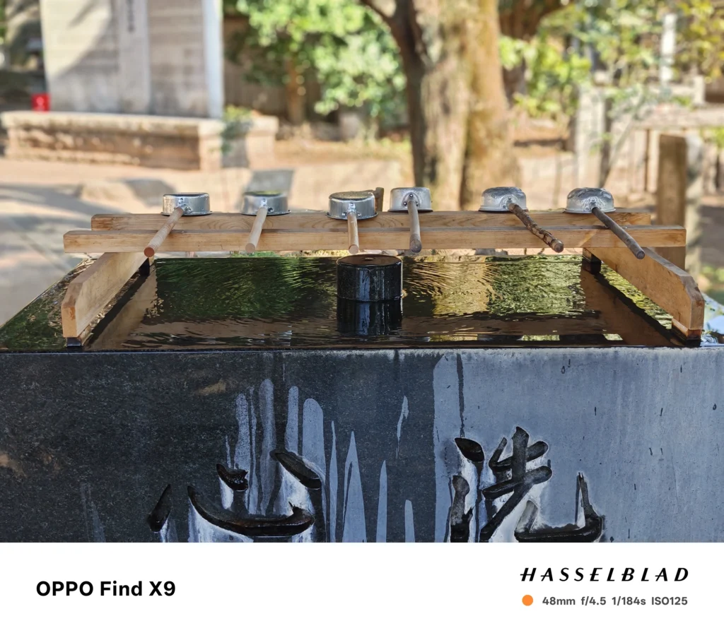 神社の手水鉢を48mmで撮影（OPPO Find X9）。水面と柄杓、石材の質感を自然な階調で描写。