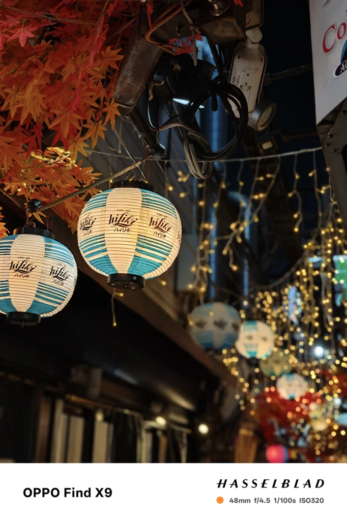 提灯と紅葉、イルミネーションを48mmポートレートで撮影（OPPO Find X9）。夜景の光を大きくぼかした作例。