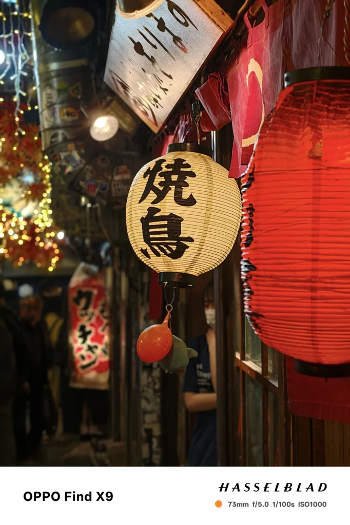 焼鳥の提灯を73mmポートレート撮影（OPPO Find X9）。夜の路地で被写体分離と玉ボケを確認できる作例。