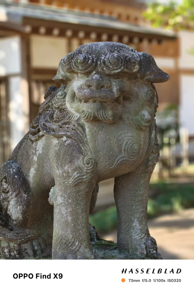 神社の狛犬を73mmポートレート撮影（OPPO Find X9）。背景を滑らかにぼかして主題を際立たせた作例。