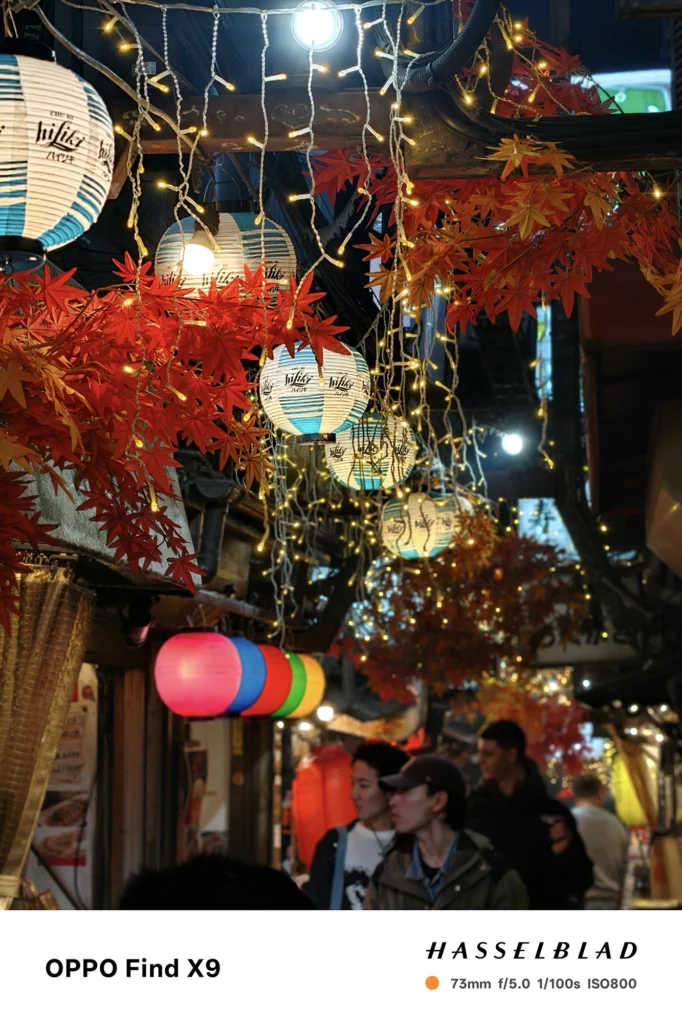 紅葉と提灯、イルミネーションを73mmで撮影（OPPO Find X9）。夜景のボケ量と分離性能を示す作例。