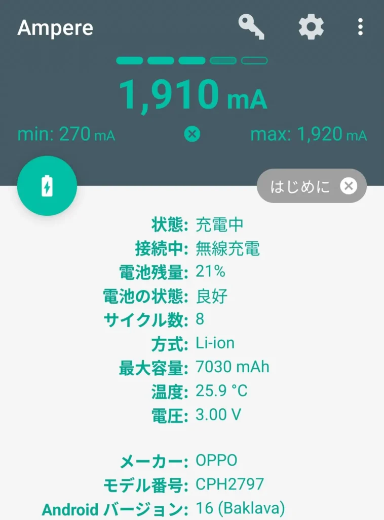 Ampereアプリの計測画面：無線充電中1,910mA／電池残量21%／温度25.9℃（OPPO Find X9）