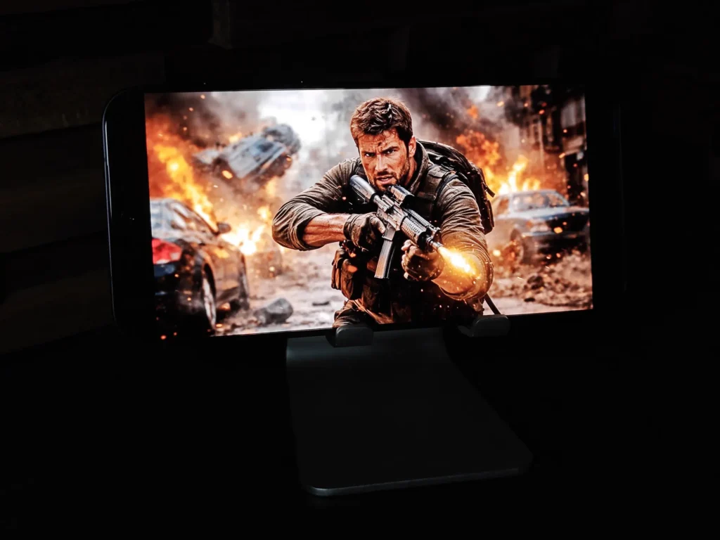 OPPO Find X9のディスプレイでアクション映画のワンシーン（爆発シーン）を表示するHDR再生イメージ