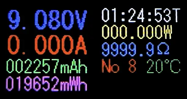 USBテスターでモバイルバッテリーへの充電容量(Wh)を計測し、積算電力量19.652Whを表示
