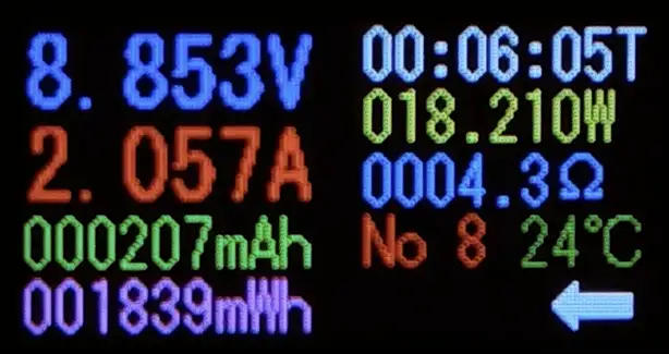 UGREEN充電器からモバイルバッテリーへ約18.2Wで急速充電(入力)されているテスター画面