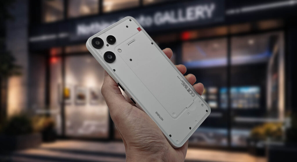 Nothing Photo GALLERYの外観を背景に、Nothing Phone (3a) Liteを斜め角度で手に持った背面ショット（カメラレビュー掲載用）