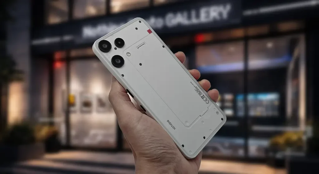 Nothing Photo GALLERYの外観を背景に、Nothing Phone (3a) Liteを斜め角度で手に持った背面ショット(カメラレビュー掲載用)