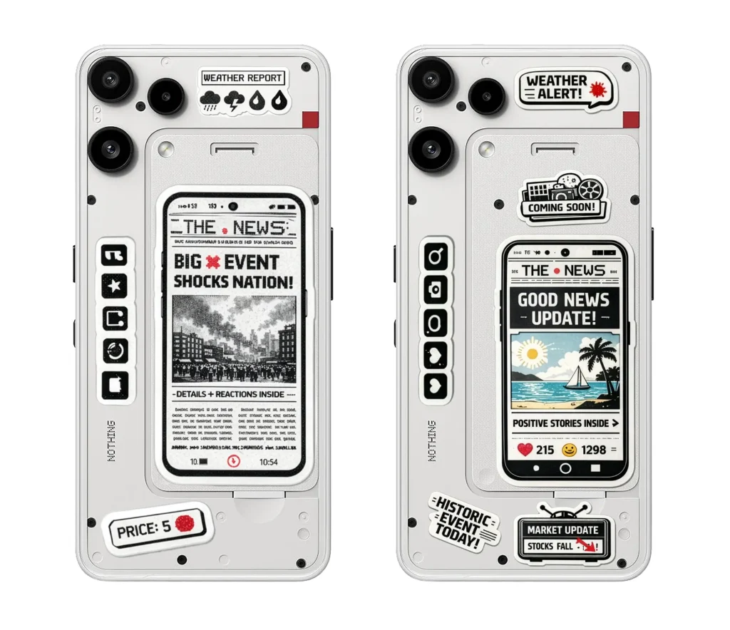 Nothing Phone (3a) Liteの背面にステッカーをレイアウトした2パターンのデザインシミュレーション。