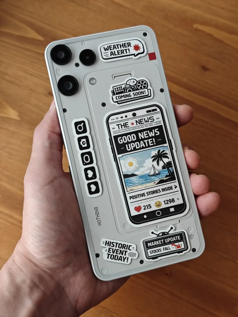 ステッカーを貼り付け終わったNothing Phone (3a) Lite ホワイトモデルの背面。