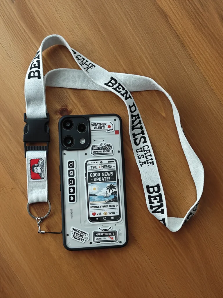 カスタマイズしたNothing Phone (3a) Liteと、BEN DAVIS(ベン・デイビス)の白いネックストラップのセット。