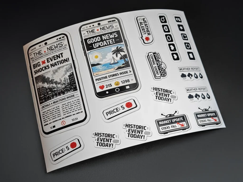 ネットワークプリントで2L判光沢紙に印刷された自作ステッカーのシート。