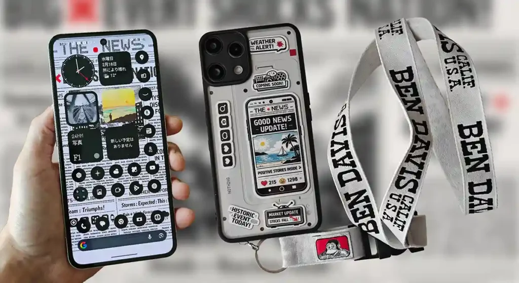 トイデジ風にフルカスタムされたNothing Phone (3a) Liteのホーム画面、背面デザイン、ベン・デイビスのストラップの集合写真。