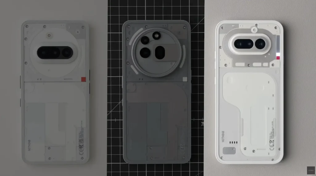 左からPhone (3a)、(3)、(4a)と並ぶ背面の進化過程。2026年モデルの(4a)ではデザインの洗練と機能統合が進んでいる。