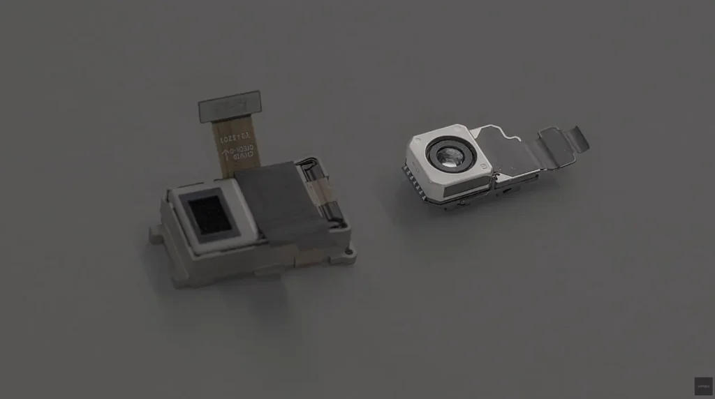 Phone (3a) Proの大型カメラモジュール(左)と、Phone (4a) に採用された極小のテトラプリズム・カメラモジュール(右)の比較。