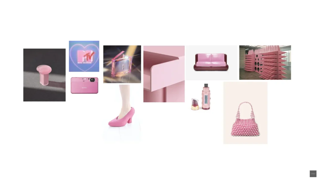 ルーシー・バーリー氏のムードボード。ゴミの山の写真や日常の断片から、ピンクモデルの色彩や質感のヒントを得ている。