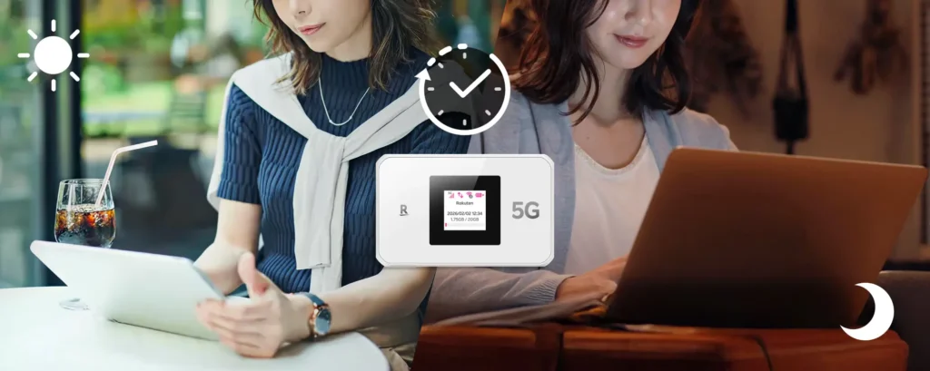 Rakuten WiFi Pocket 5Gを日中・夜間の利用シーンで示したイメージ（外出先/室内での接続）