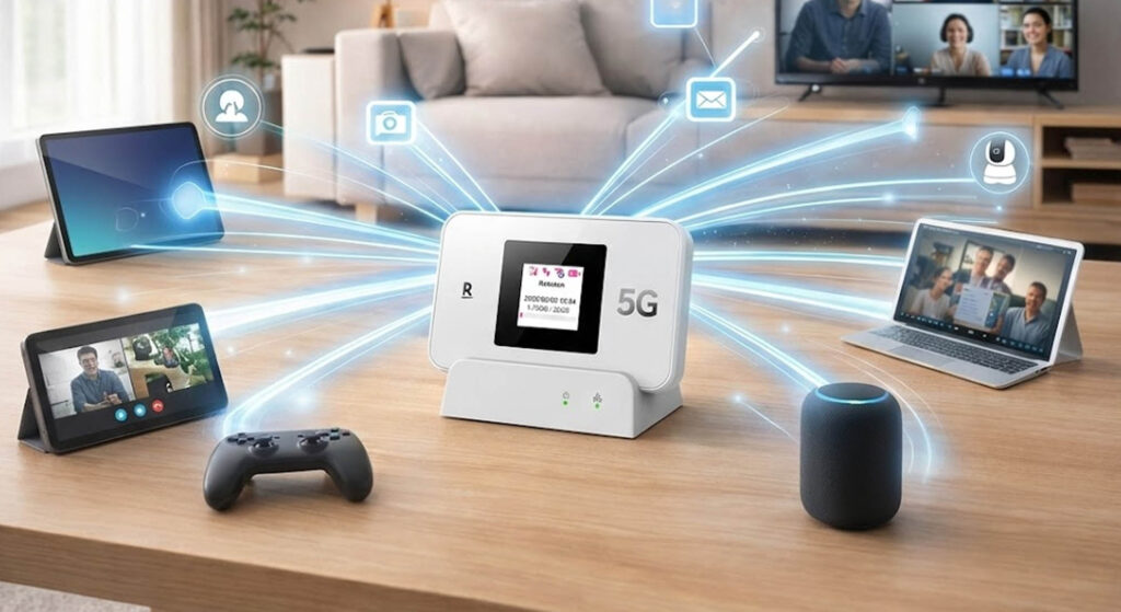 Rakuten WiFi Pocket 5Gが複数デバイスへ同時にWi-Fi接続するイメージ（安定通信・混雑に強い）