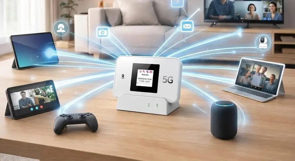 Rakuten WiFi Pocket 5Gが複数デバイスへ同時にWi-Fi接続するイメージ（安定通信・混雑に強い）