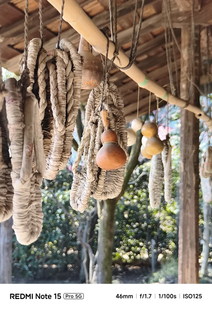 軒下に吊るされたしめ縄と瓢箪（ひょうたん）を望遠で撮影、奥の木立が玉ボケになる（Redmi Note 15 Pro 5G＋1.75x望遠／約81mm相当）